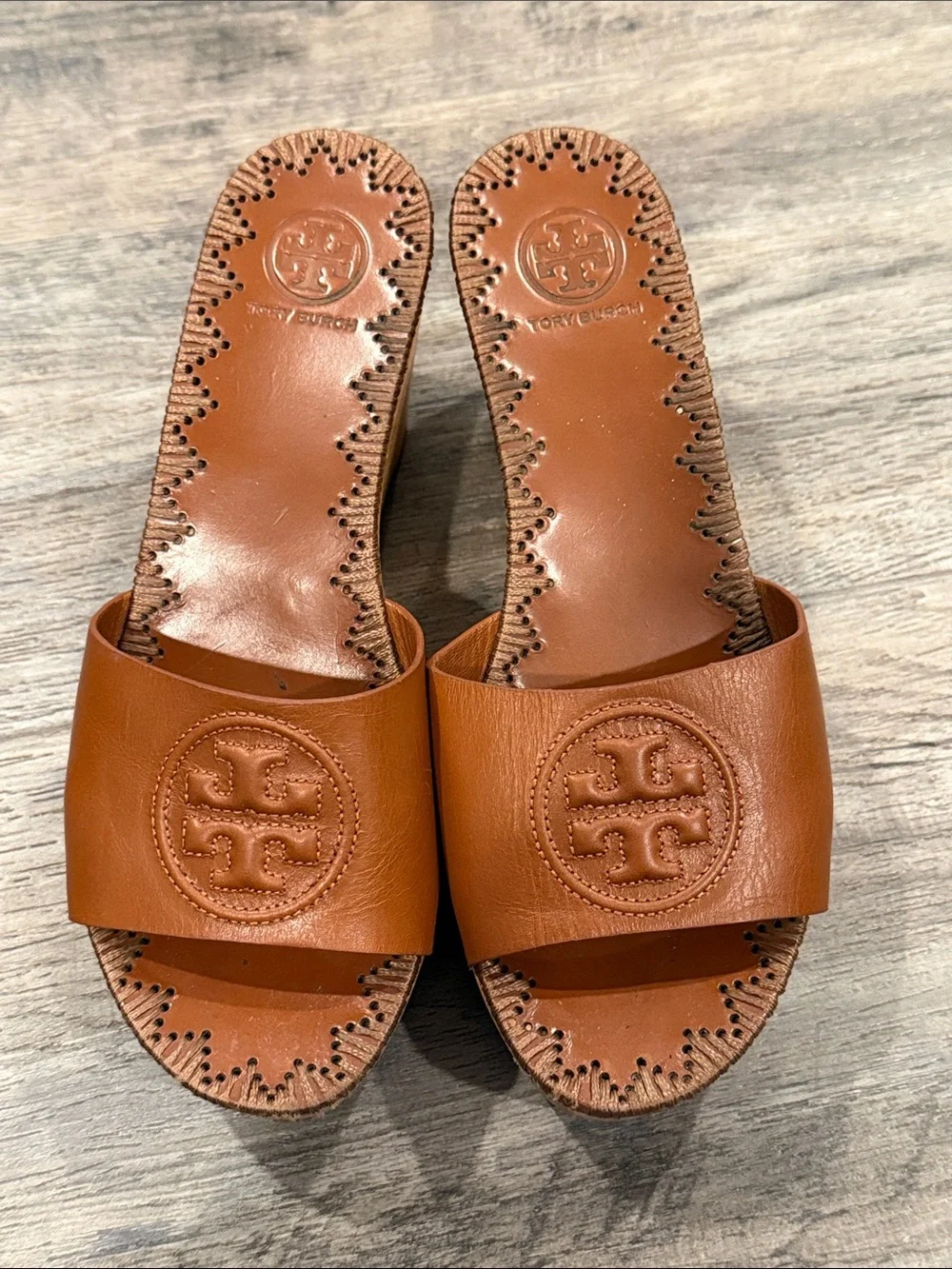 Tory Burch Patti Wedge 80mm Slide Sandals Nappa Leather Perfect Cuoio 6.5 Shoes
